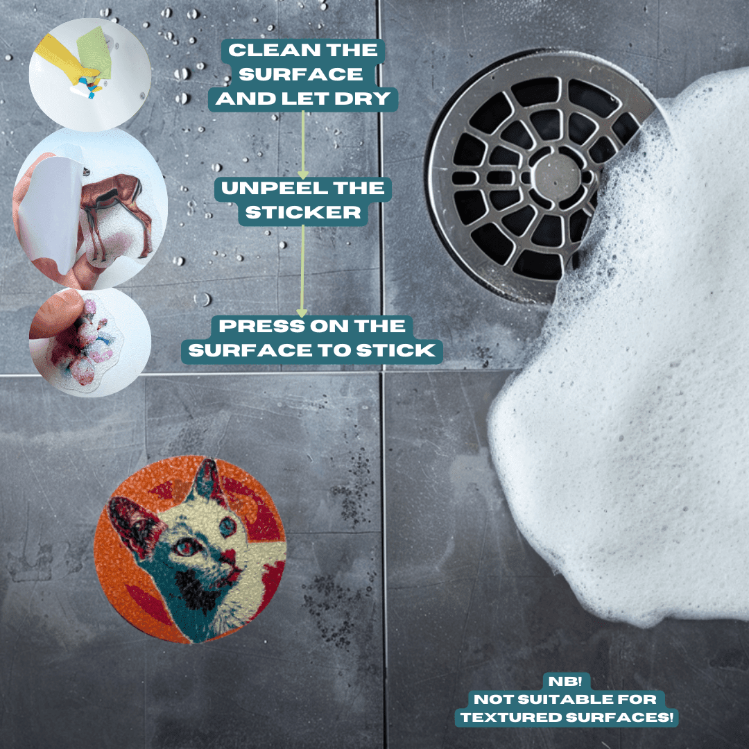 Colorful pop art cat stickers for bathroom floors.