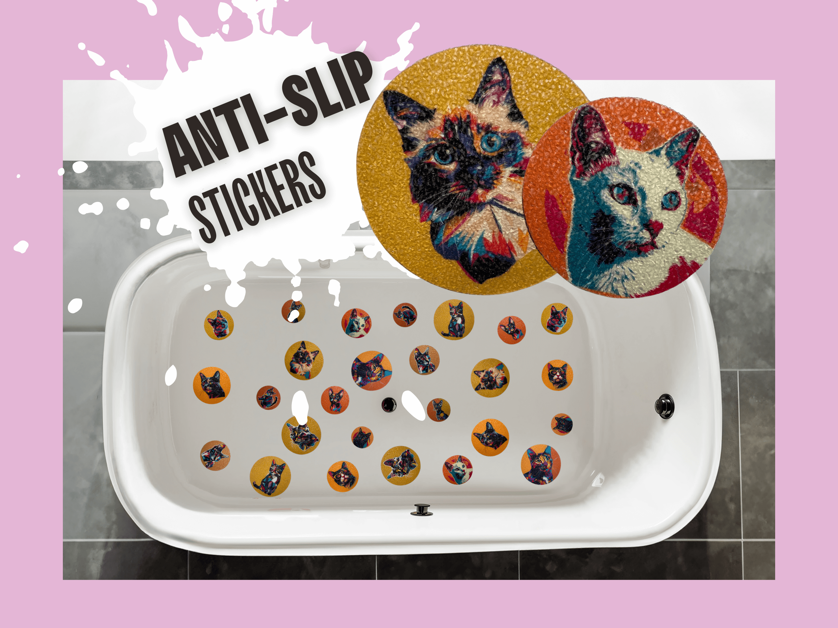 Colorful pop art cat stickers for bathroom floors.