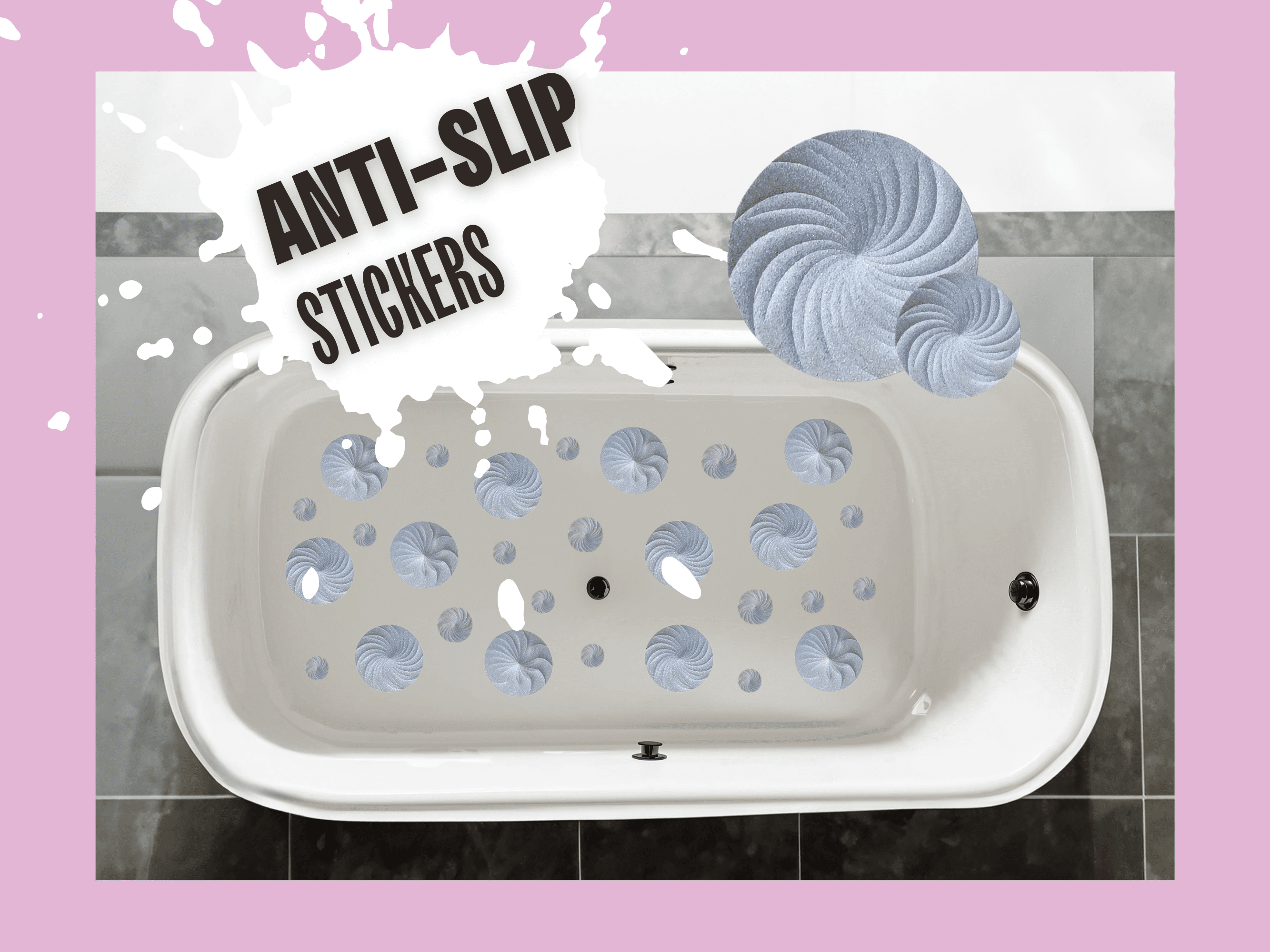 Unique spiral pattern stickers for bathtub safety.