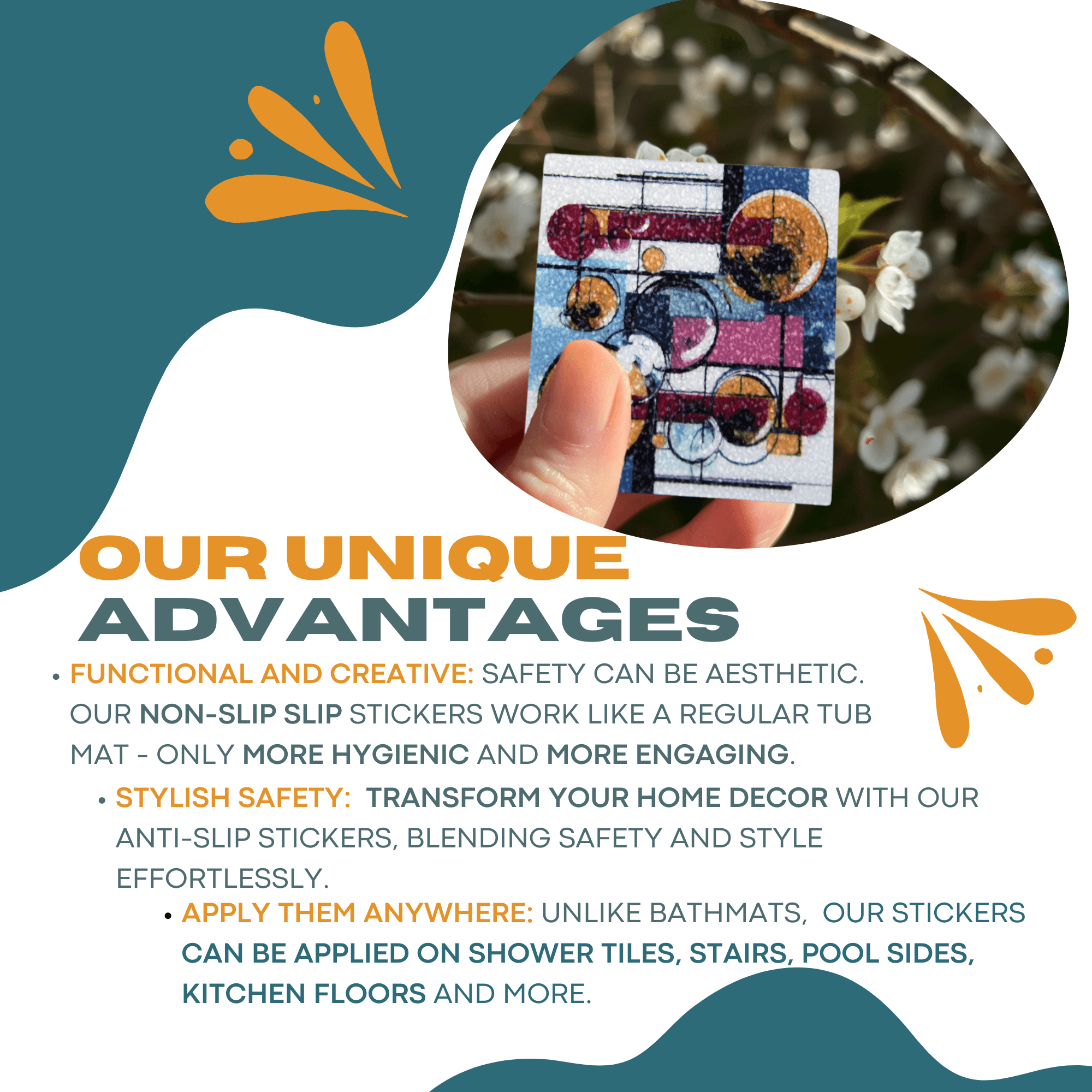 Colorful pop art stickers for anti-slip safety.