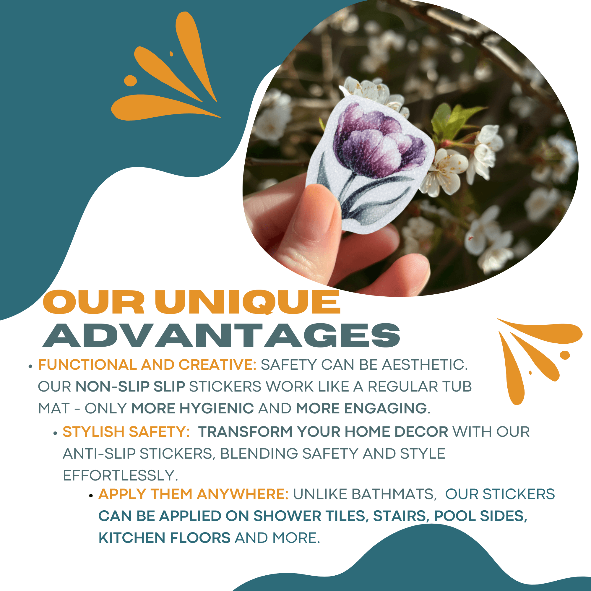 Botanical flower non-slip stickers for bathtubs.
