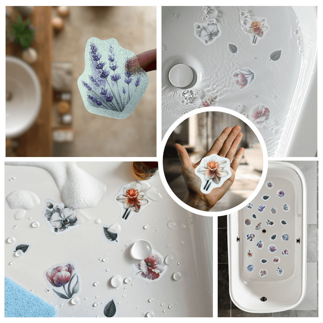Botanical flower non-slip stickers for bathtubs.